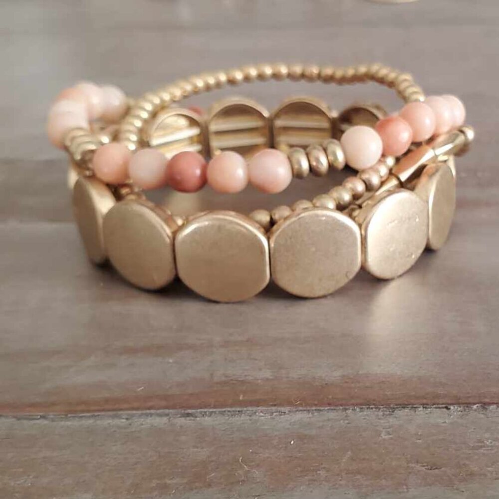 Gold & Pink Beaded Stretch Bracelets | Boho Chic Jewelry Set